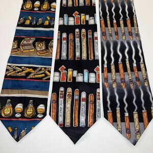 Novel-Ties by Roffe Three Cigar Theme 100% Silk Neck Ties Lighters Smoke Cognac